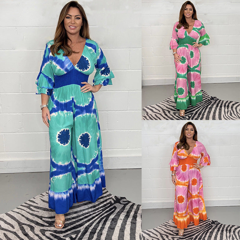 Dame Flydende Bredbenet Maxi-Jumpsuit med Livligt Batikdesign Stilla