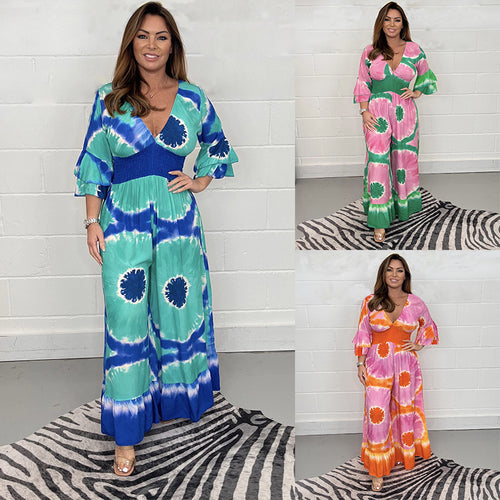 Dame Flydende Bredbenet Maxi-Jumpsuit med Livligt Batikdesign Stilla