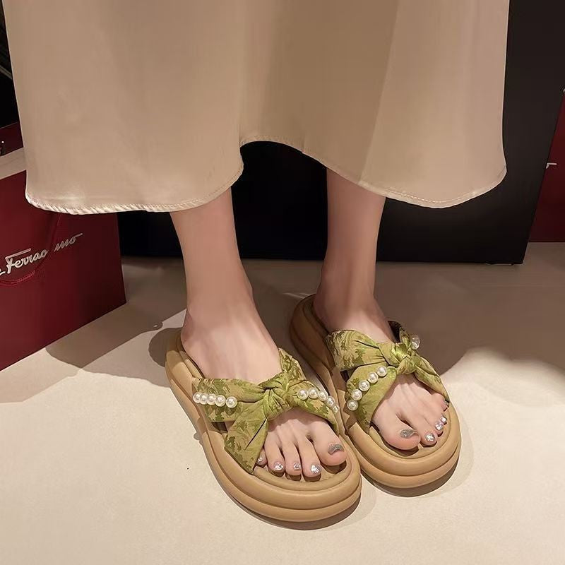Dame mode flip-flops med elegant knude-design og perlepynt Stilla