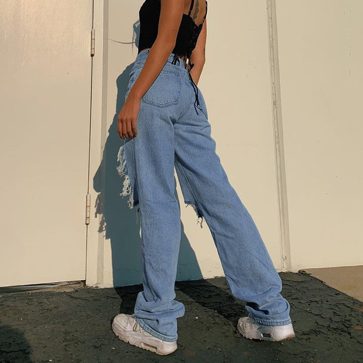 Dame Destroyed Relaxed Fit Jeans med høje lommer Stilla