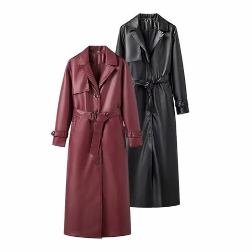 Dame elegant trenchcoat i kunstlæder med taljebælte Stilla