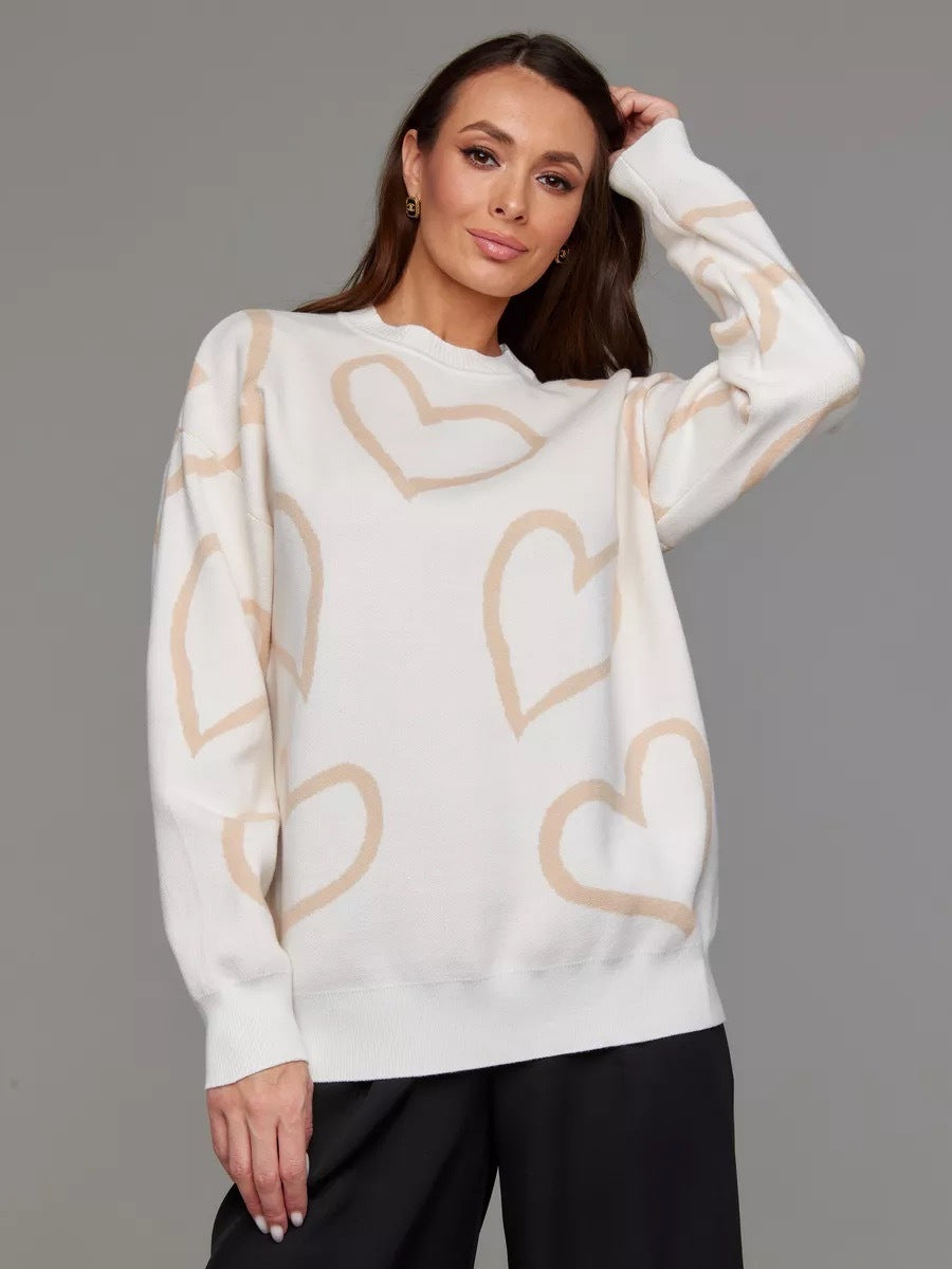 Dame Oversized Hjerte mønster Strikpullover Stilla