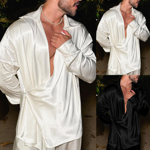 Dame nan asymmetrisk satin v-hals indpakningsbluse med dyb v-hals Skovae
