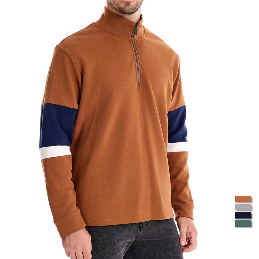 Herren halvlyn-pullover med ståkrave, stribet kraveindvendig bånd og kontrastærmer Skovae