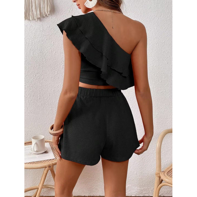 Dame Rynker En-skulder Crop Top og højt skårne Shorts Sæt Stilla