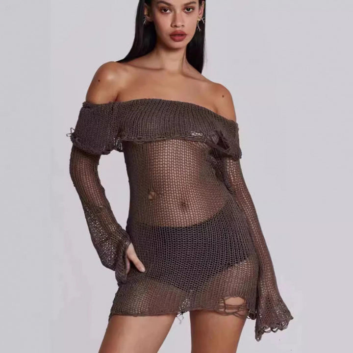Dame Off-Shoulder Gennemsigtig Strik Mini Kjole Stilla