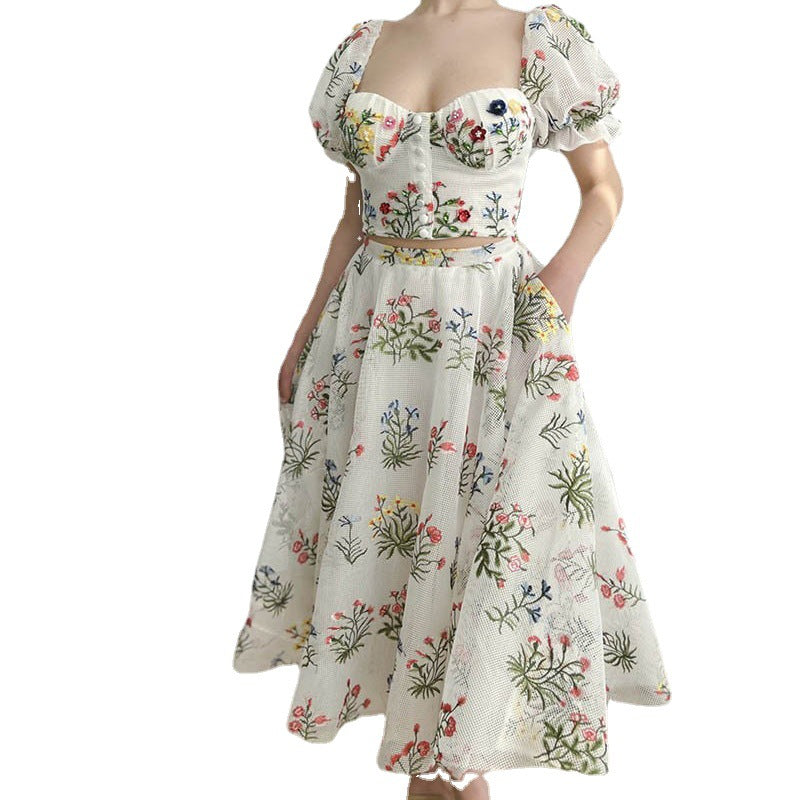 Dame Blomsterbroderet Maxikjole med Puffærmer og Høj Nederdel Stilla