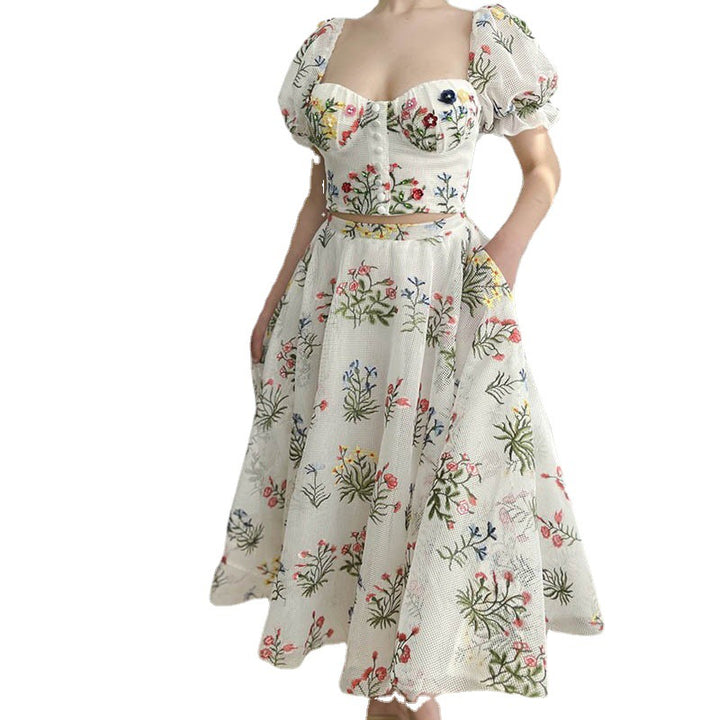 Dame Blomsterbroderet Maxikjole med Puffærmer og Høj Nederdel Stilla