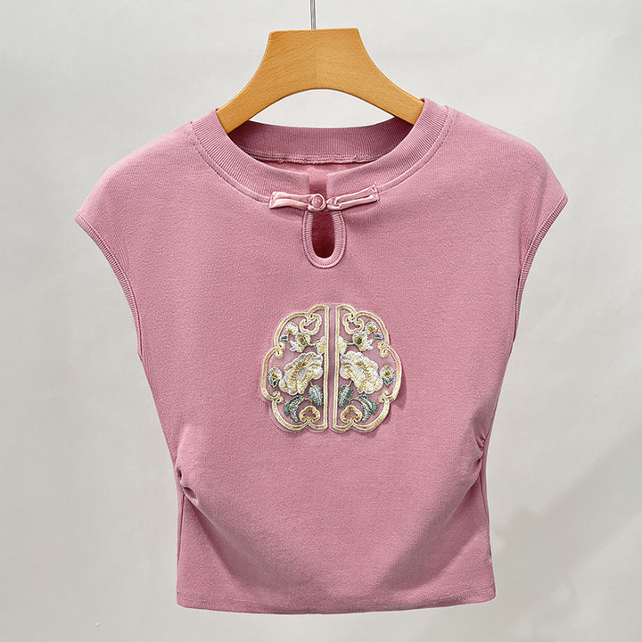 Dame T-shirt med kunstnerisk broderidesign og innovativ slids Stilla