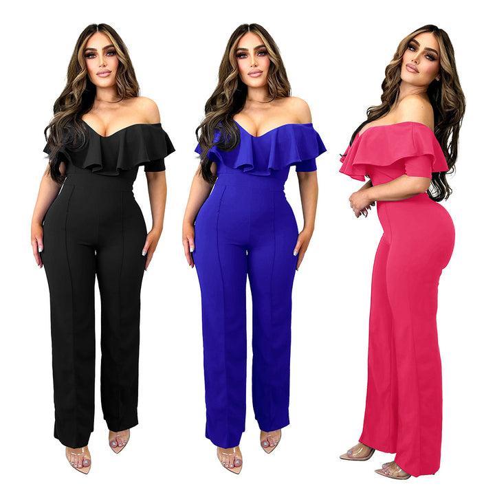 Dame Off-Shoulder Jumpsuit med voluminøst flæsedetalje og figursyngende snit Stilla