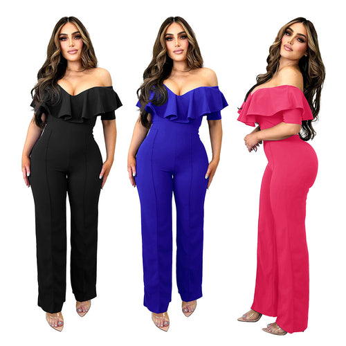 Dame Off-Shoulder Jumpsuit med voluminøst flæsedetalje og figursyngende snit Stilla