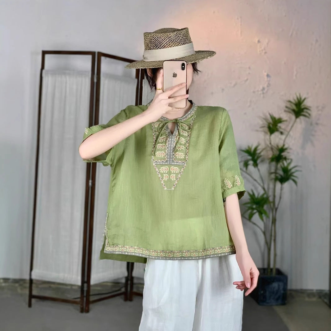 Femme Broderet Sløjfebluse Stilla