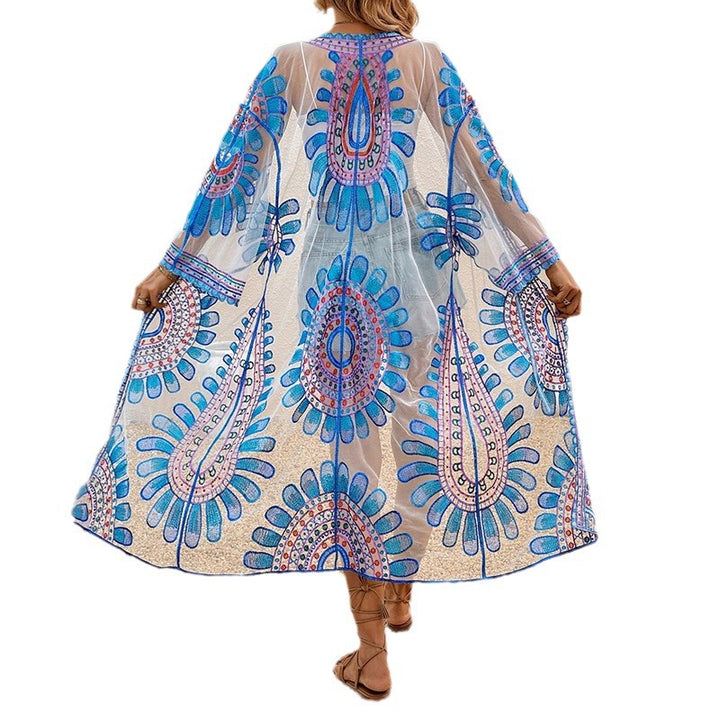 Dame transparent strandkimono med farverige folklore-mønstre og brede ærmer Stilla