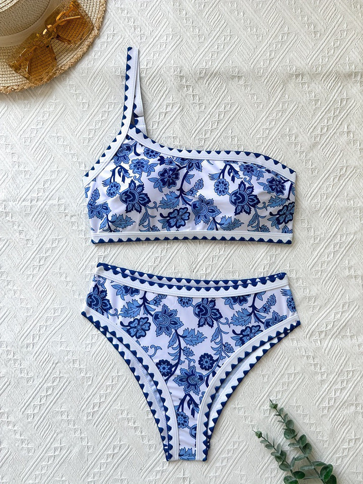 Dame To-delt Bikini-sæt med asymmetrisk top og blomstret design Stilla