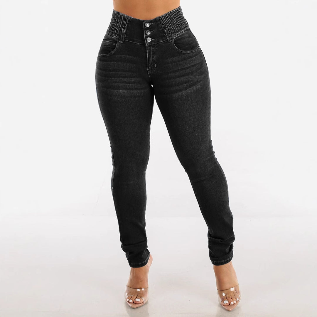Kvinder Højere Talje Skinny Jeans med Elastisk Talje og Dekorative Knapper Stilla