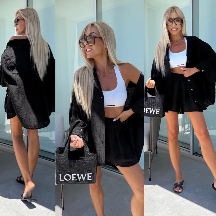 Kvinders casual kort sæt med asymmetrisk top og elastisk talje