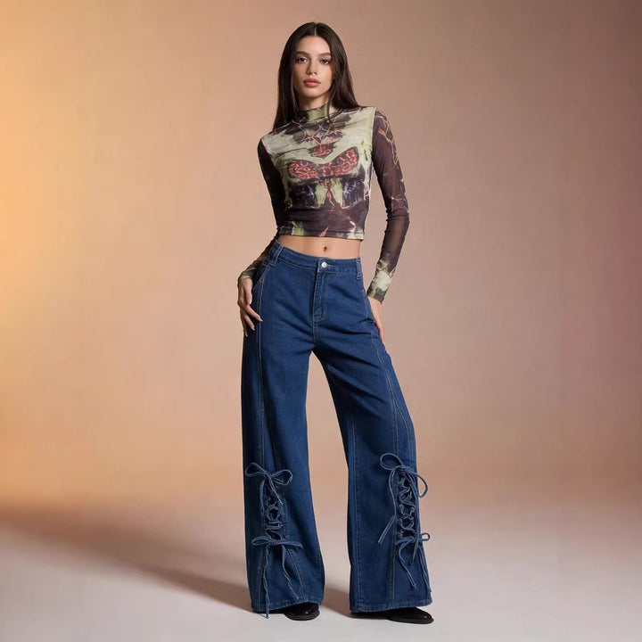 Dame Schlagjeans med trendy snøredetalje og bred ben Skovae