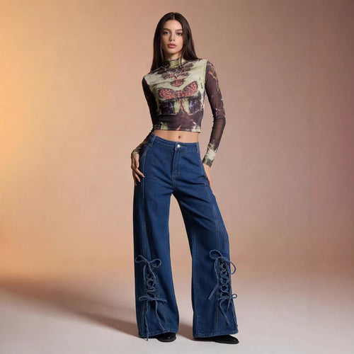 Dame Schlagjeans med trendy snøredetalje og bred ben Skovae