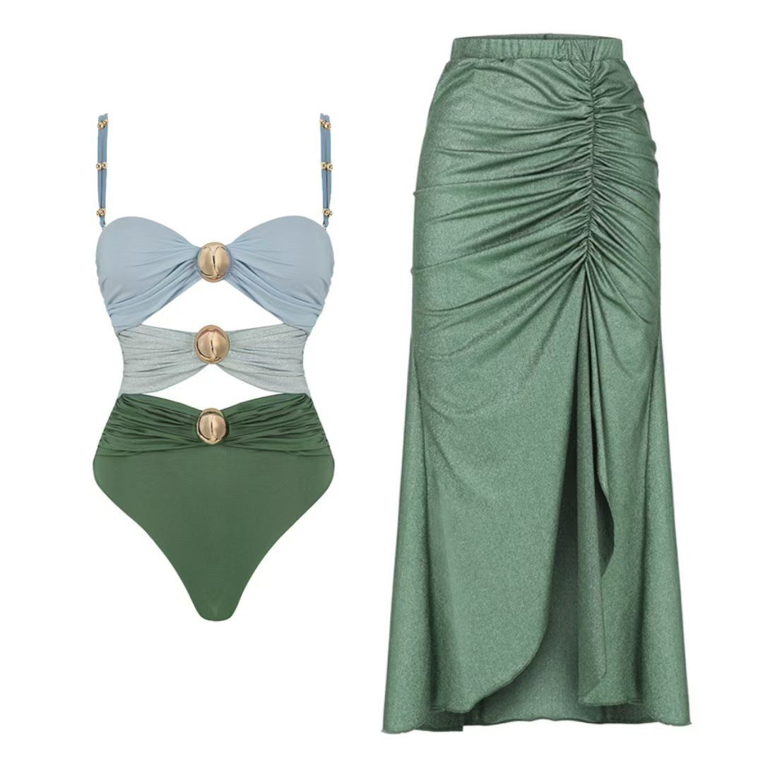 Dame en-dels badedragt med stilfulde snøredetaljer og elegante strand maxi nederdele Skovae