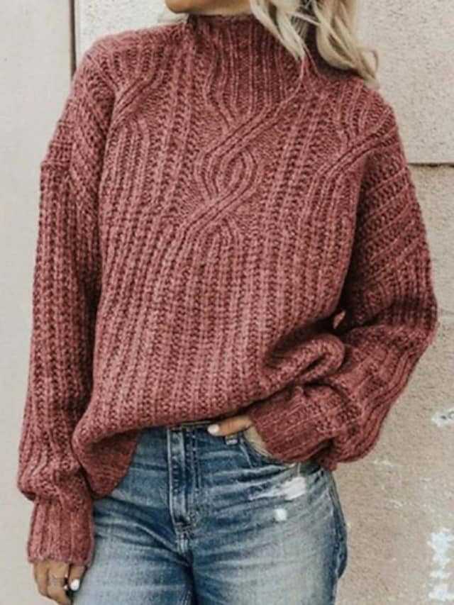 Dame Grovstrik sweater med høj krave og fletdesign Stilla