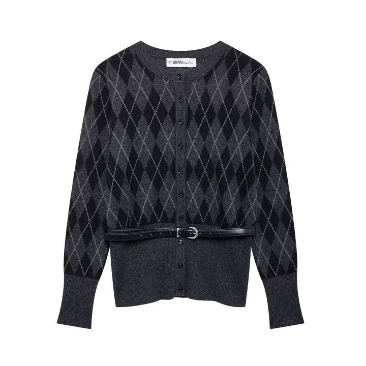 Damer Argyle-mønster Cardigan med kunstlæderbælte Stilla