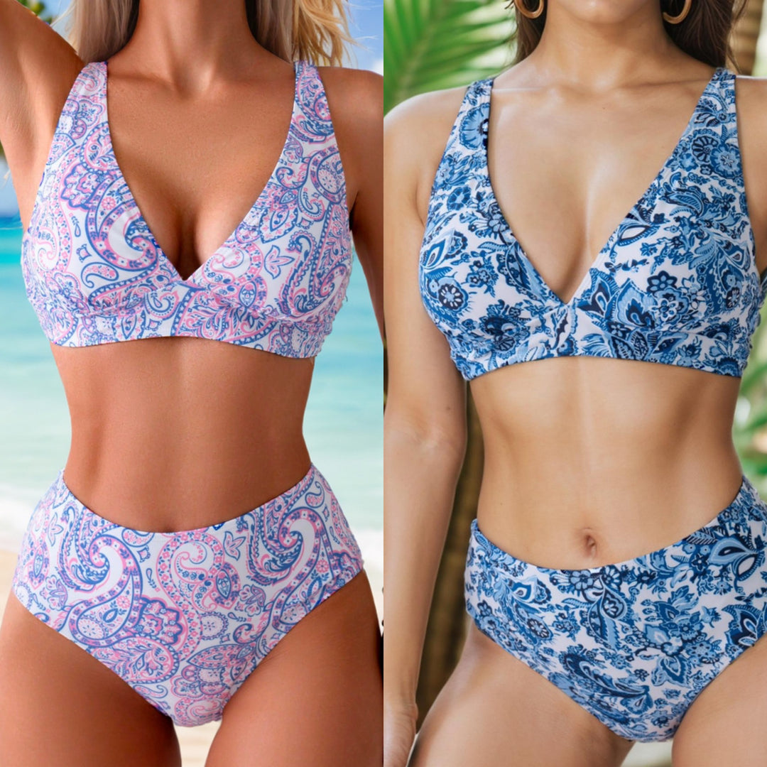 Dame Højtskaffet Bikini-sæt med modigt Paisley-mønster Skovae