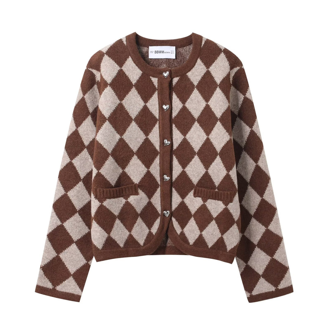 Kvinders cardigan med elegant diamantmønster og hjerteknapper Stilla