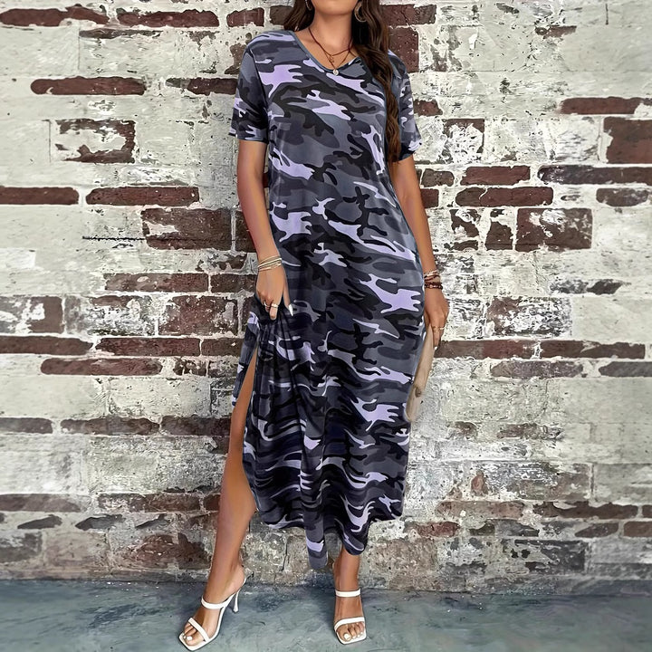 Dame afslappet maxikjole med camouflage-mønster Stilla