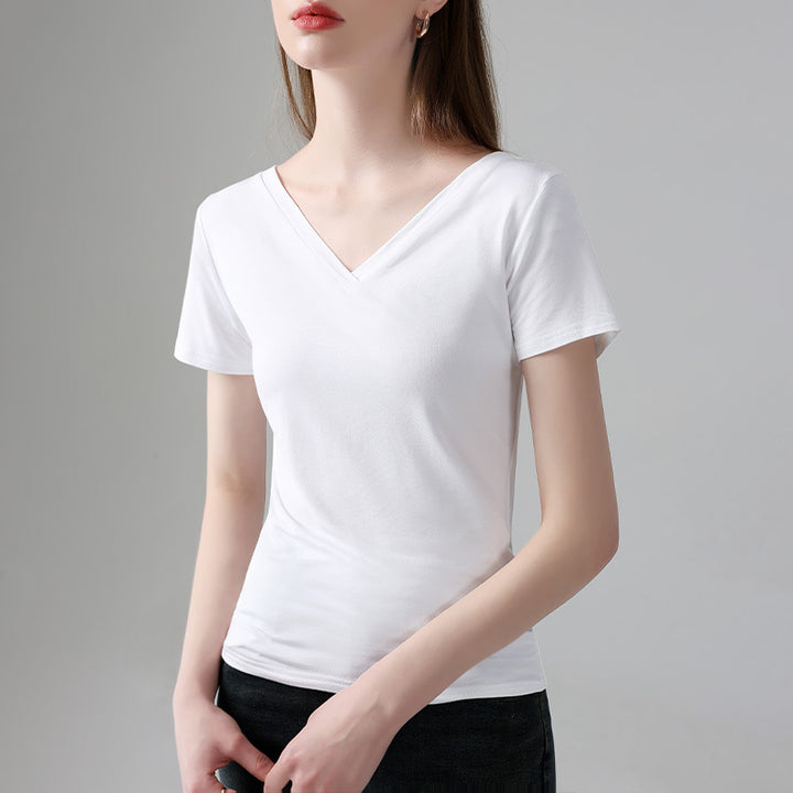 Dame elegant V-hals T-shirt lavet af høj kvalitet bomuldsblanding med figursyet pasform Stilla