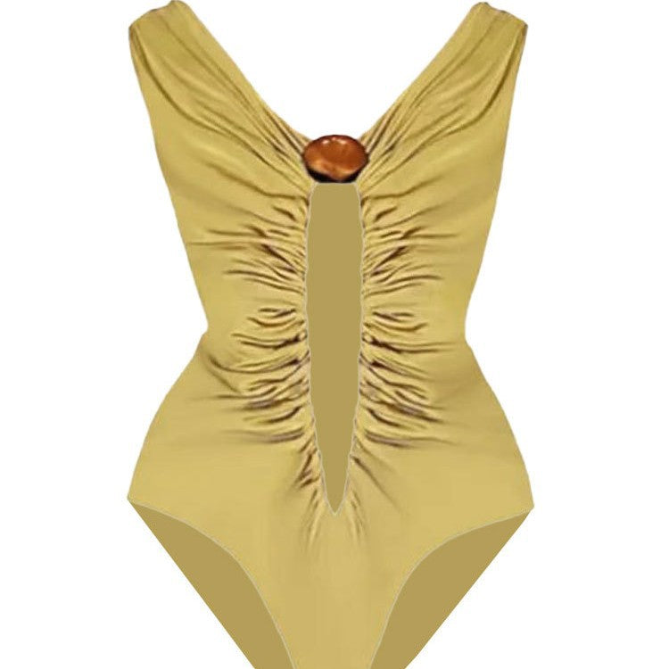 Dame one-piece badeanstik med raffinerede flæse detaljer og dekorativ knap Stilla