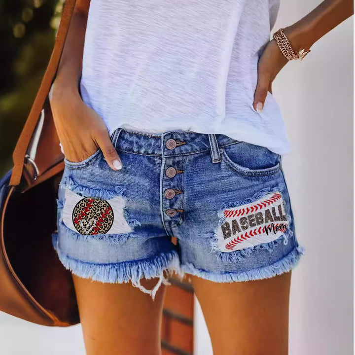 Dame jeans shorts med vintage frynser og patriotiske applikationer Skovae