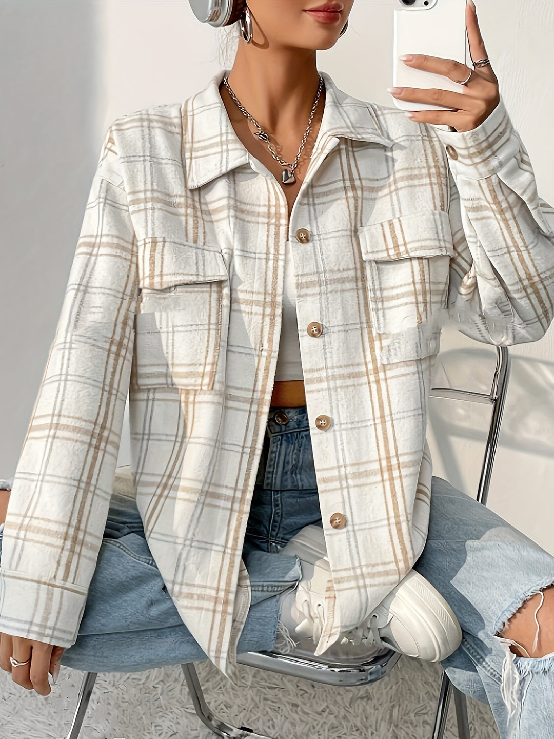 Femme Oversized Plaid Shacket med brystlomme Stilla