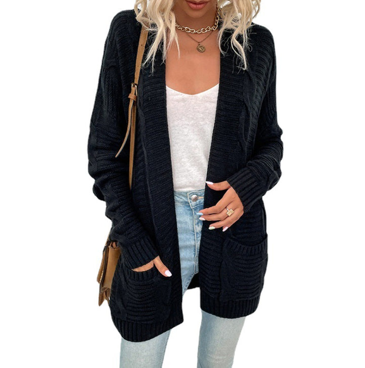 Kvinders chunky strikket cardigan med lommer og åbent frontdesign Stilla