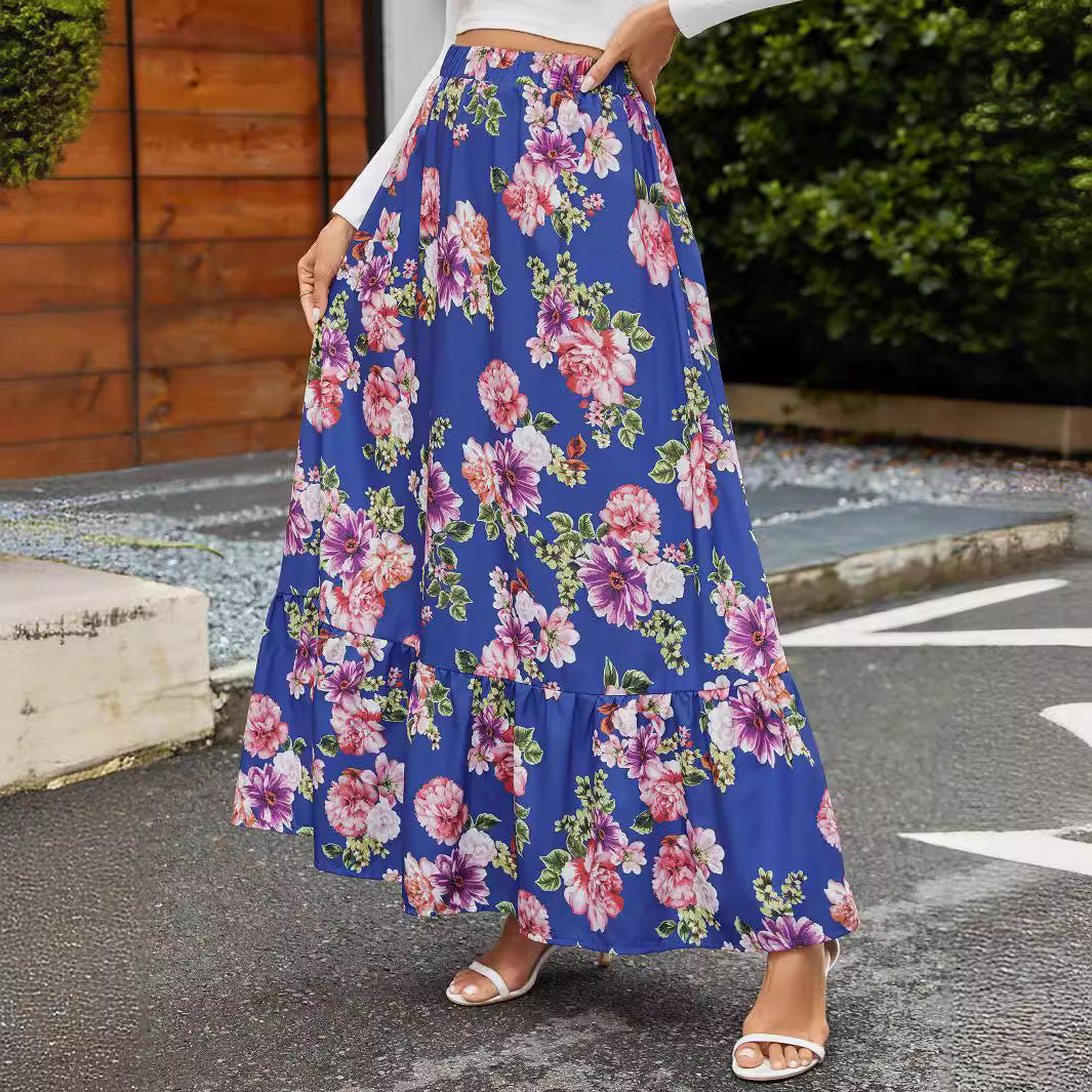 Dame Maxiskørt med voluminøs flæse-stil og blomster mønster Stilla