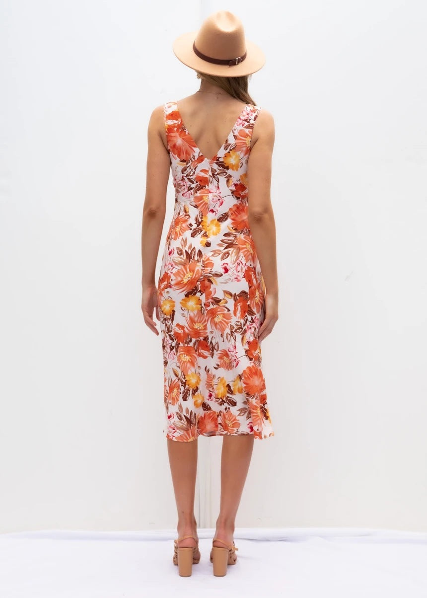 Dame Floral Midi Slipkjole med elegant V-udskæring Design Stilla