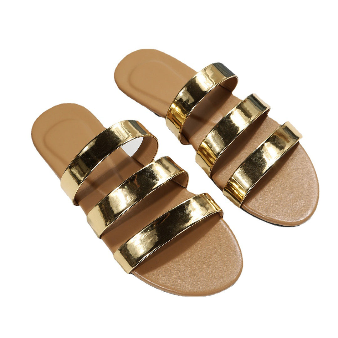 Dame Slipper med skinnende, brede metallic-stropper og komfortabelt fodseng Stilla