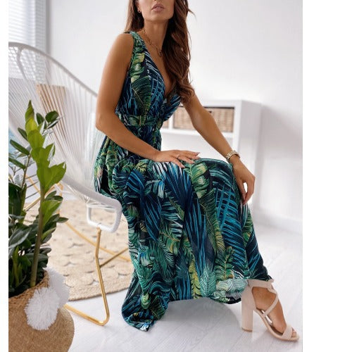 Kvinder Tropical Print Maxi Kjole med justerbart Bindebælte Stilla