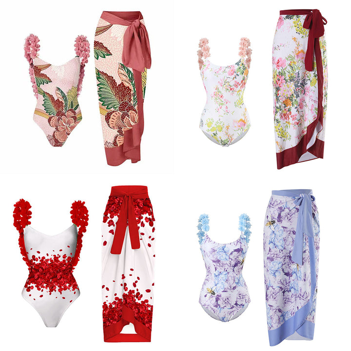 Dame Højskåret Én-delt Badedragt med blomstermotiver og matchende Wrap Skirt Stilla