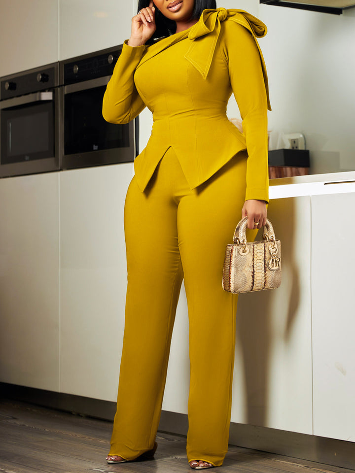Dame elegant Jumpsuit med asymmetrisk krave og moderne sløjfebind Stilla