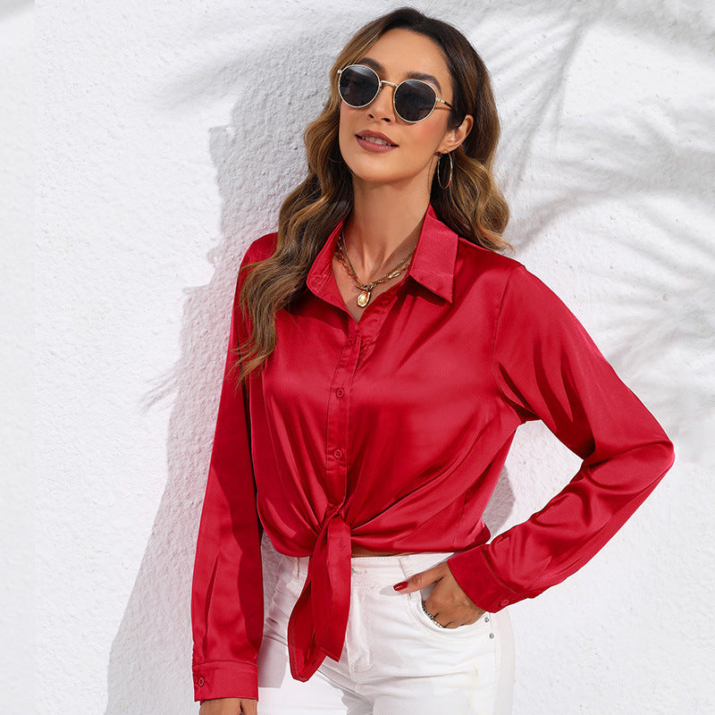 Dame elegant knyttet bluse i satin Stilla
