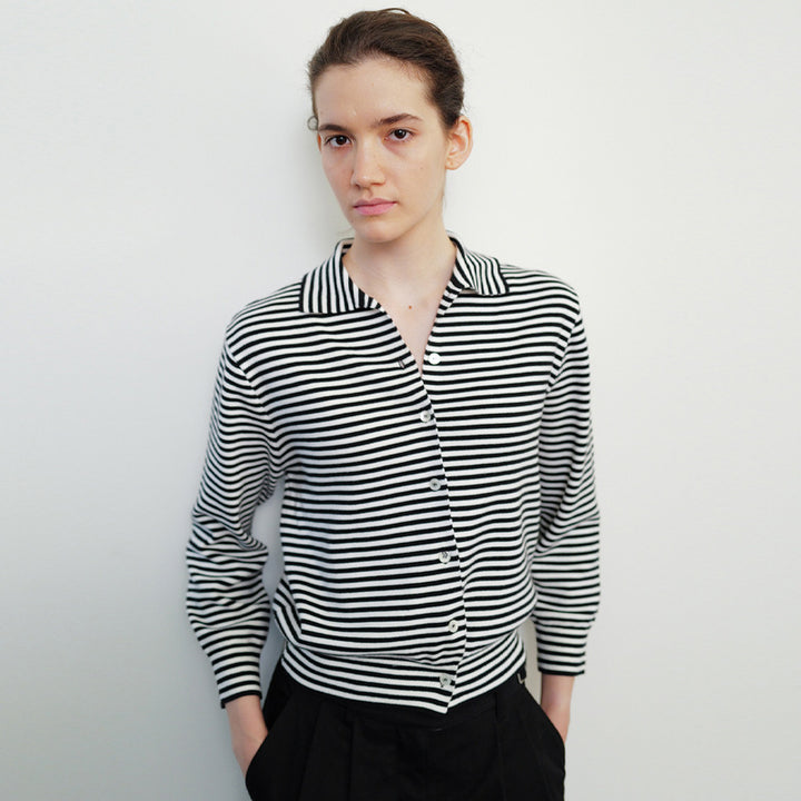 Dame elegant stribet knap-cardigan med klassisk krave Stilla