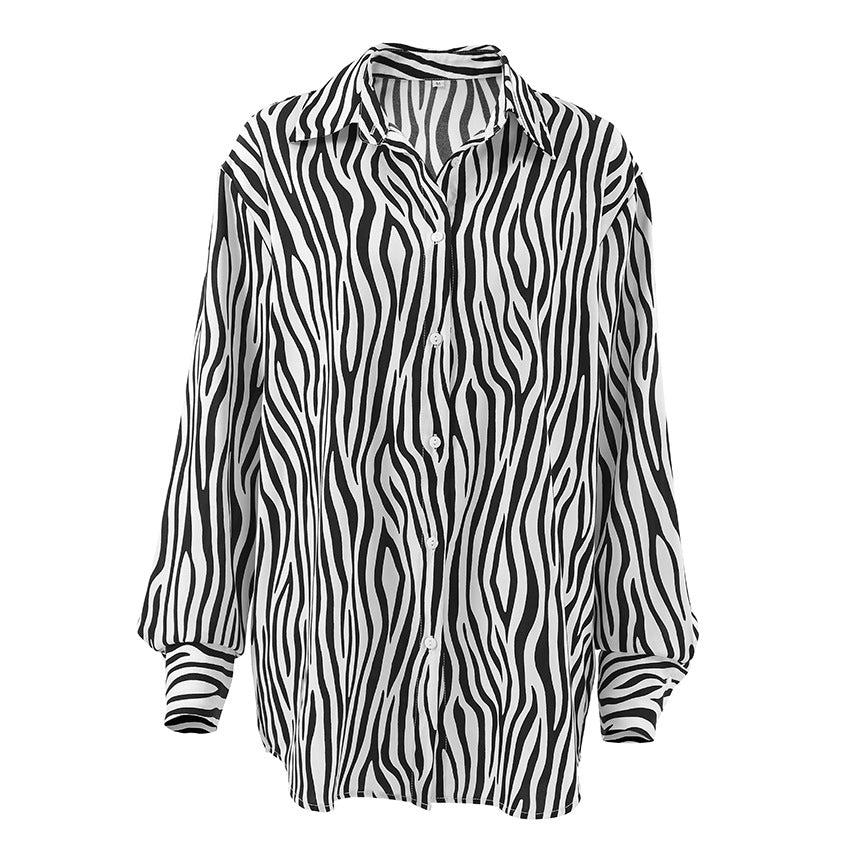 Dame Oversized Skjorte bluse i Zebra-mønster med elegant Krave og moderne accenter Stilla