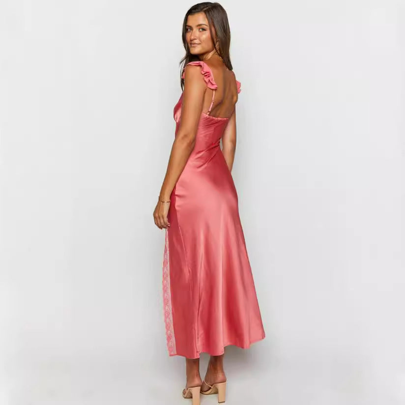 Kvinder Elegant Maxi Kjole med Blaffende Skirt og Blonde Detaljer Skovae