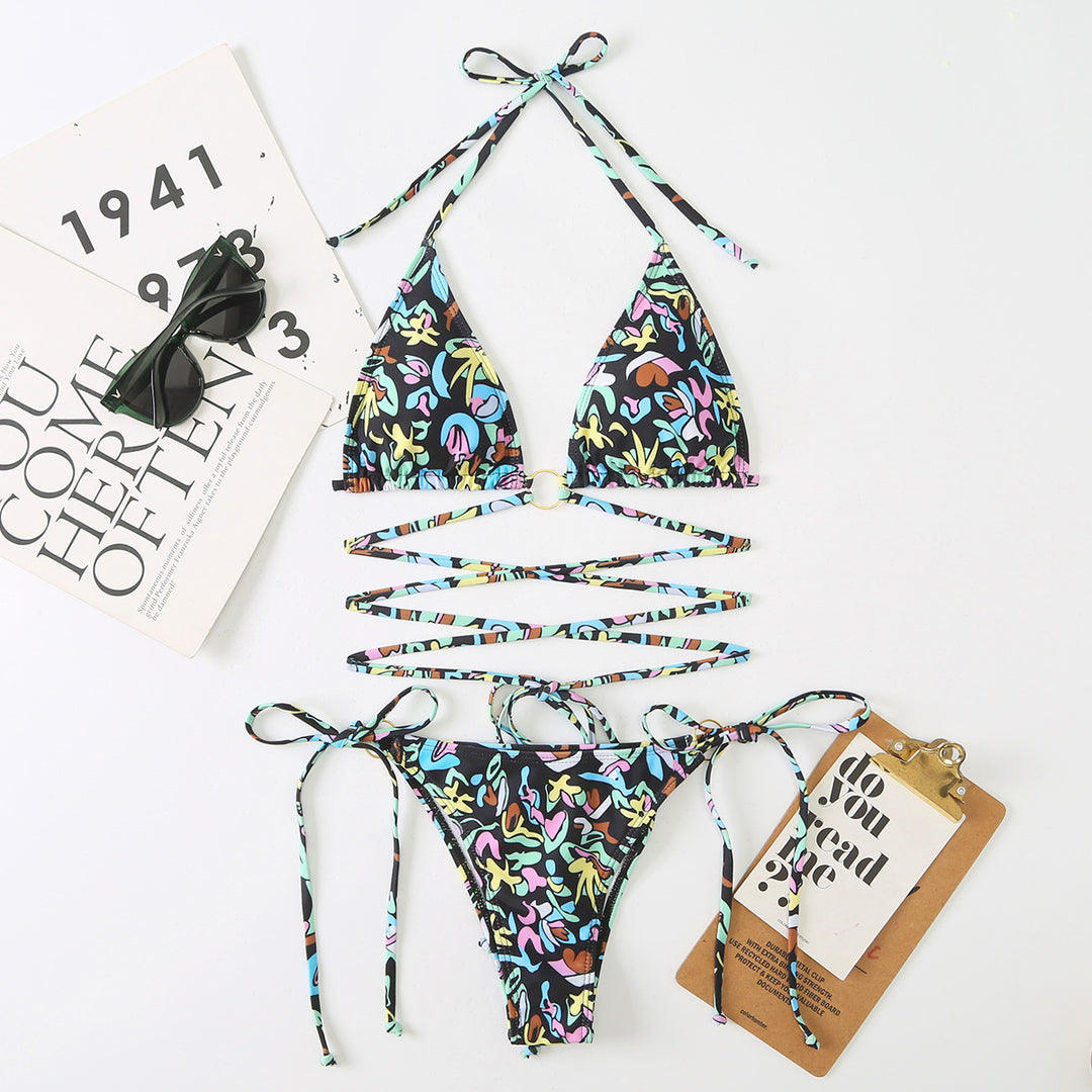 Dame triangel bikini sæt med justerbare stropper og blomsterdesign Skovae