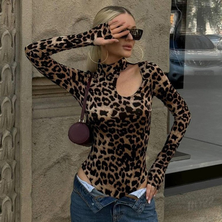 Dame Langærmet Bodysuit med asymmetrisk Udsnit og Leopardmønster Stilla