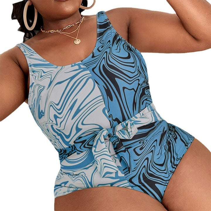 Dame one-piece badedragt med moderne marmor mønster og talje bælte Skovae