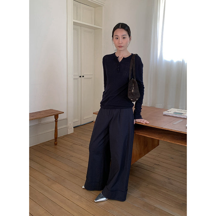 Dame langærmet Henley-overdel med elegante knapdetaljer Stilla