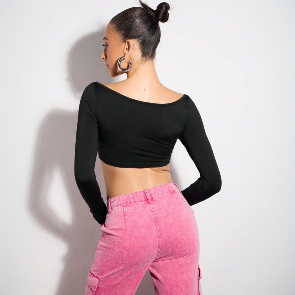 Kvinders crop top med asymmetrisk snit og lange ærmer Stilla