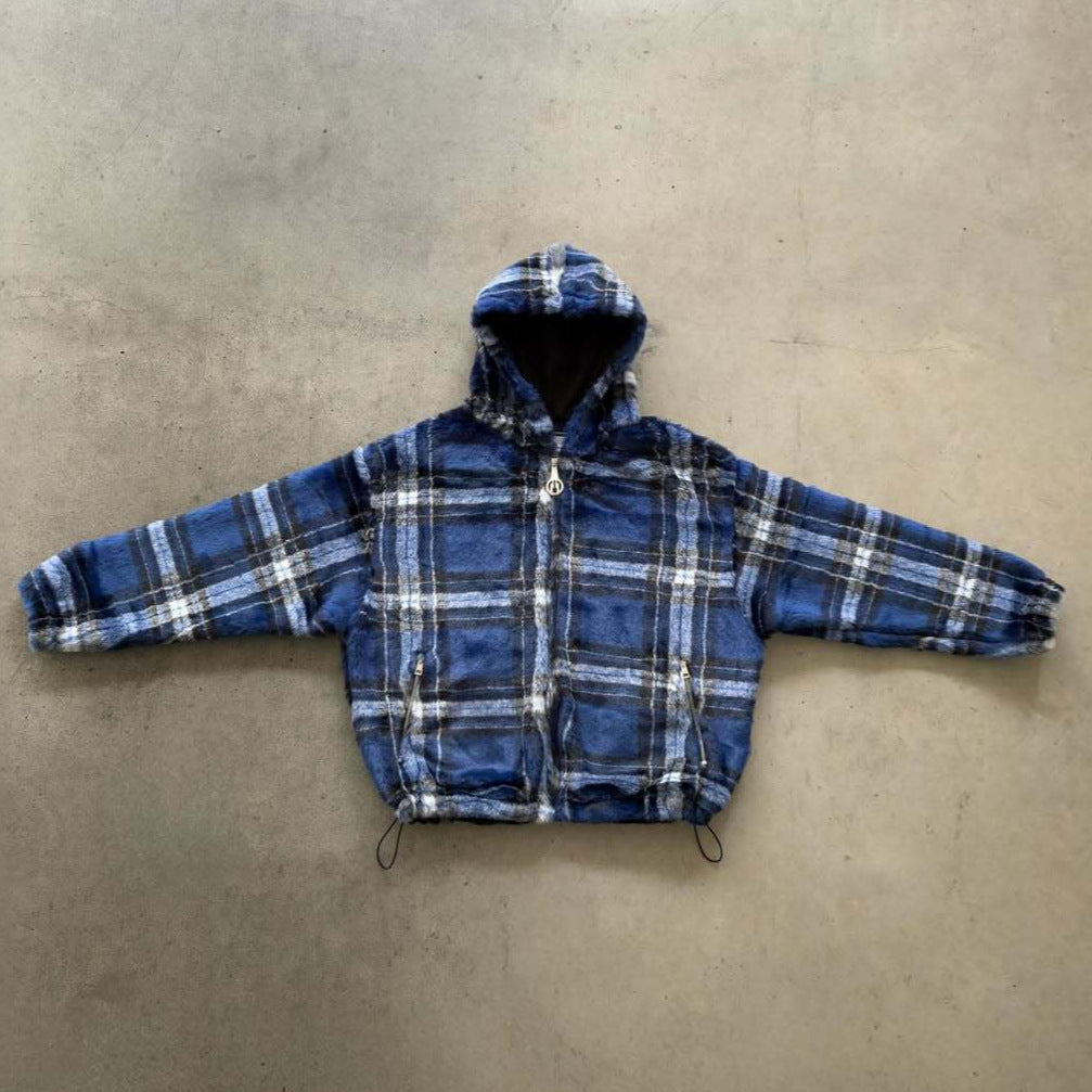 Unisex nan forede plaid-fleece-bomberjakke med hætte snøre og lynlås-lommer Skovae