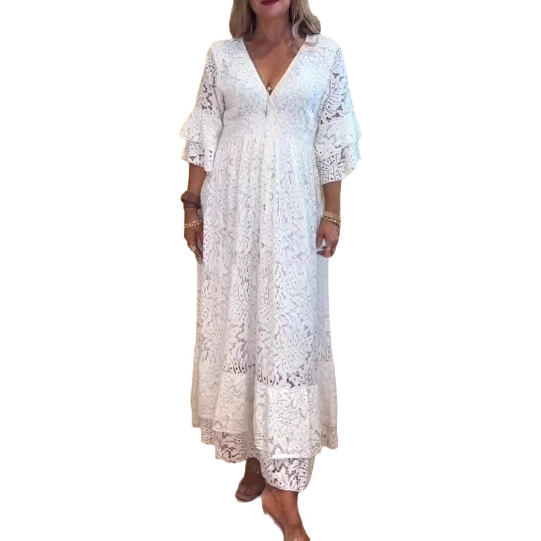 Dame nan Boho-spids-maxikjole med V-udskæring, underbust-syning og lagdelt flæseærmer Skovae